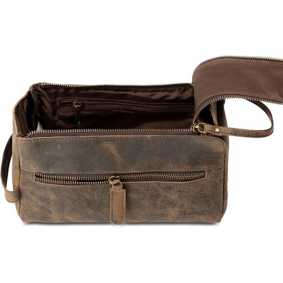 Unisex Distressed Tan Premium Buffalo Leather Toiletry Bag Travel Shaving kit - Picture 8 of 9